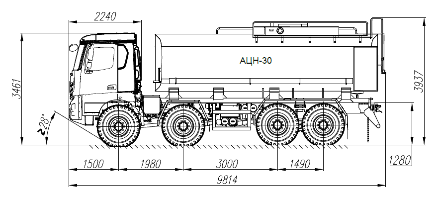 Чертёж: Автоцистерна АЦН-30 на шасси 8×8, вид сбоку