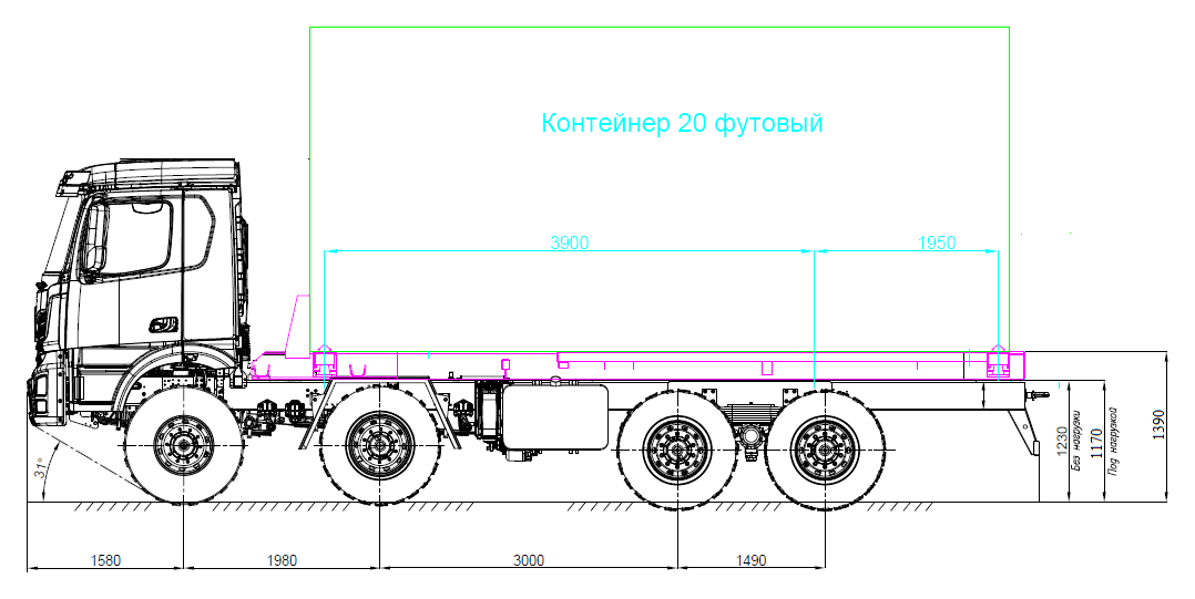 Чертёж: Контейнеровоз РУБИКОН 7363R81 8х8 с 20-футовым контейнером, вид сбоку